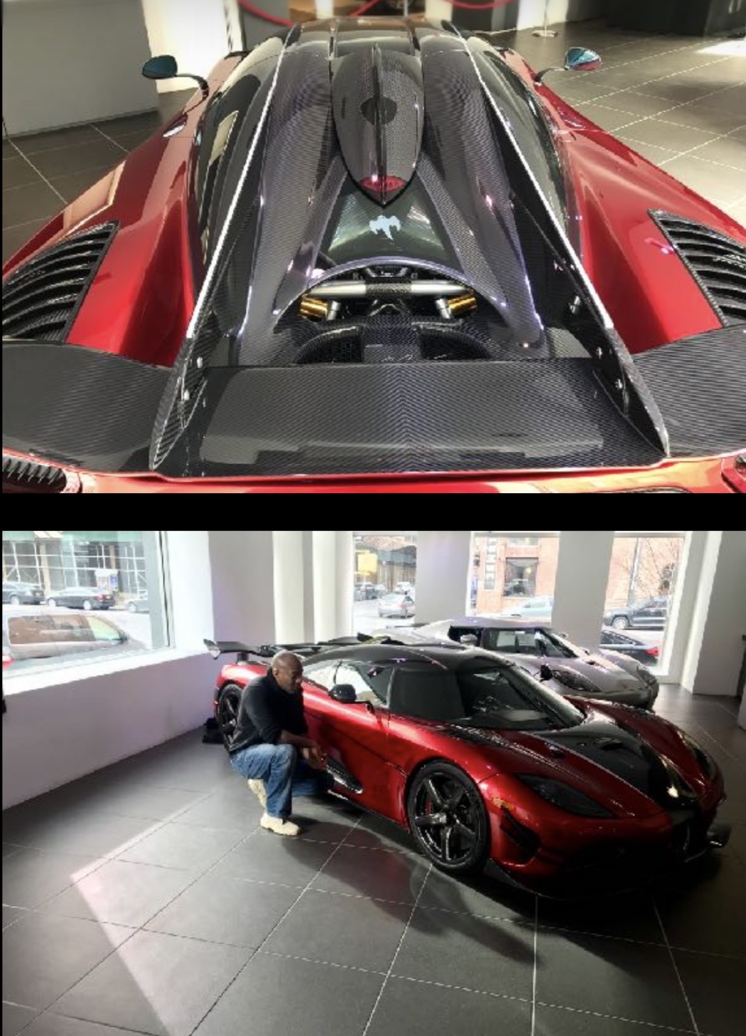 Koenigsegg showroom, the exposed carbon engine bay read at close range