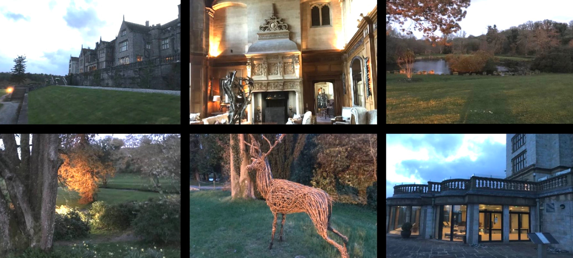 Bovey Castle, Dartmoor, the estate read at dusk, from great hall to willow stag