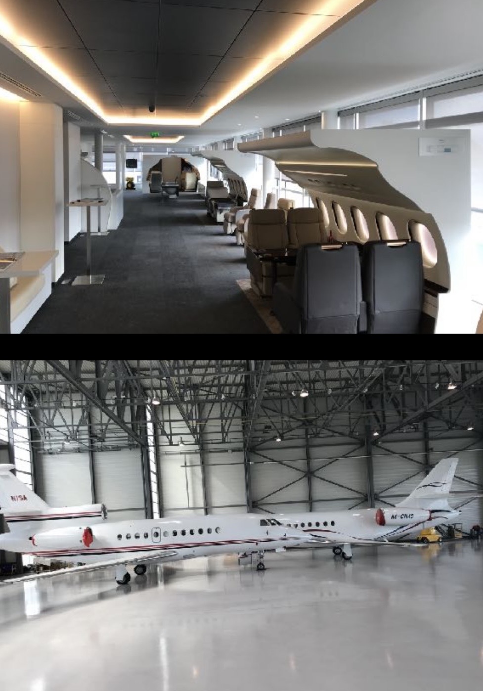 Dassault completion centre, cabin mock-ups in line and the finished aircraft in the hangar
