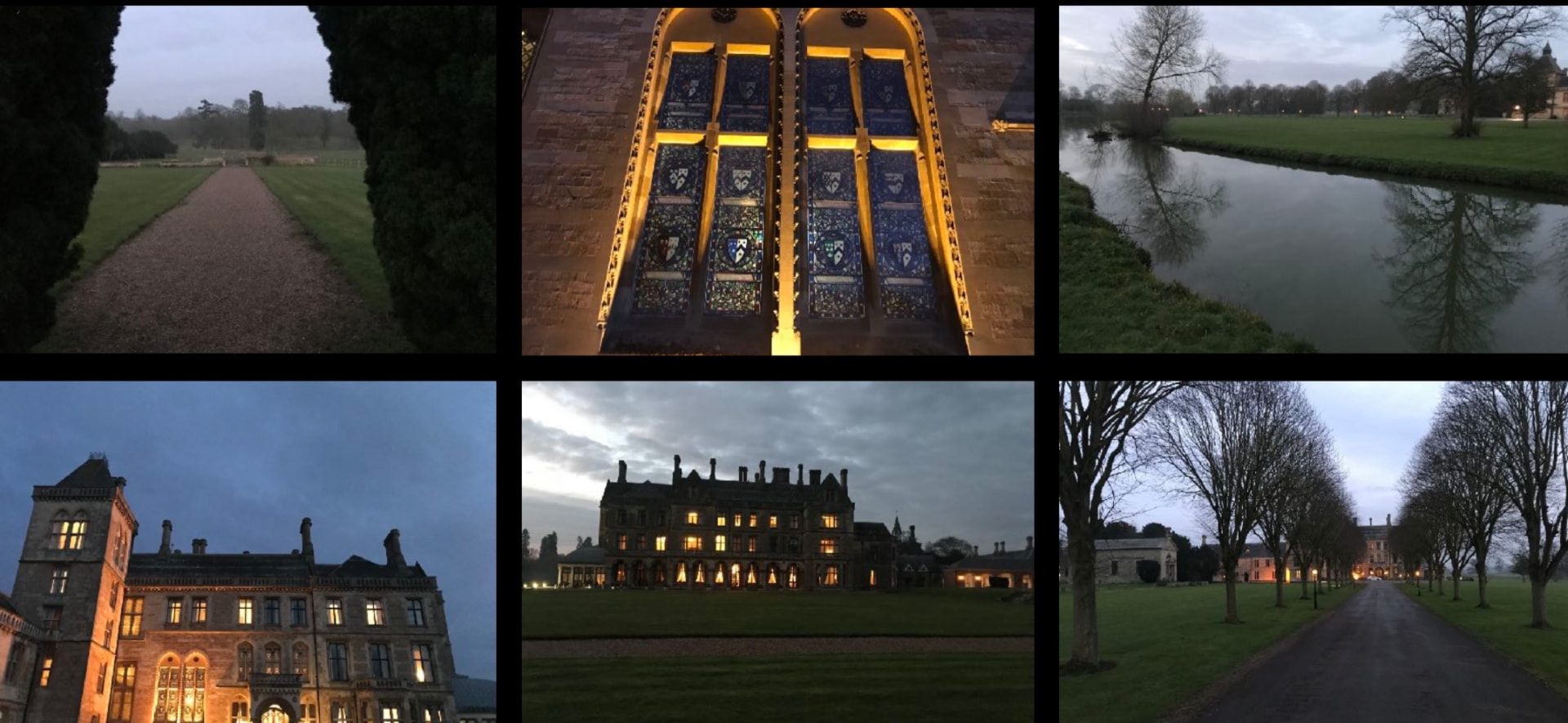 An English country estate at dusk, drive, stained glass and the house lit from within