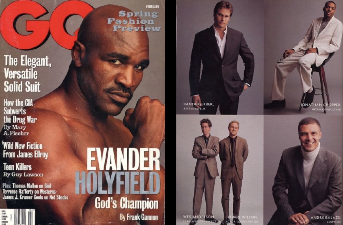 Jonathan Cropper in a GQ Spring Fashion Preview spread alongside Evander Holyfield, Rande Gerber, Wes Anderson, Owen Wilson, and André Balazs.