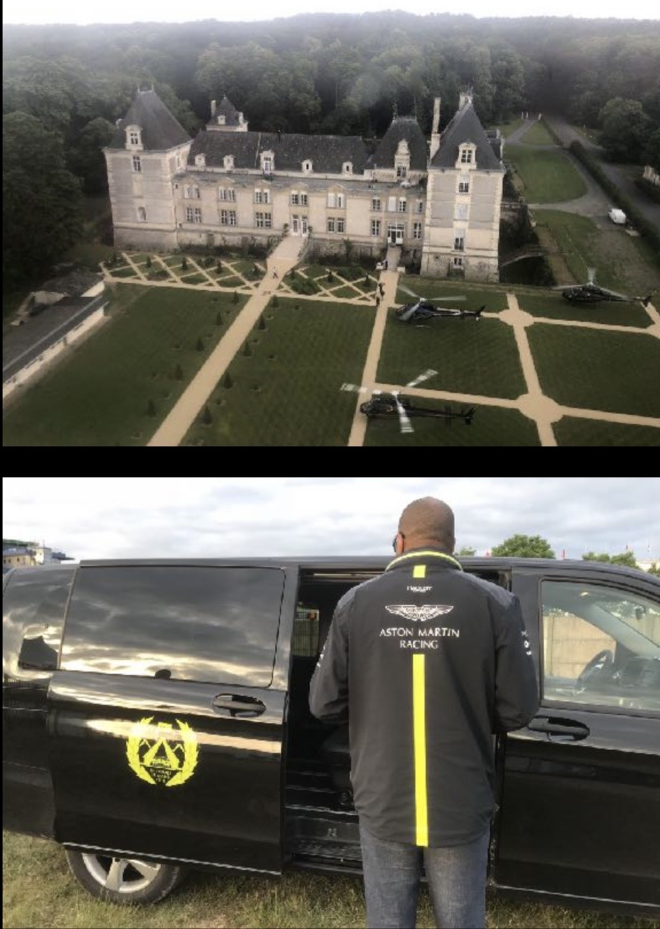 Château by air, helicopters parked on the parterre before the paddock transfer