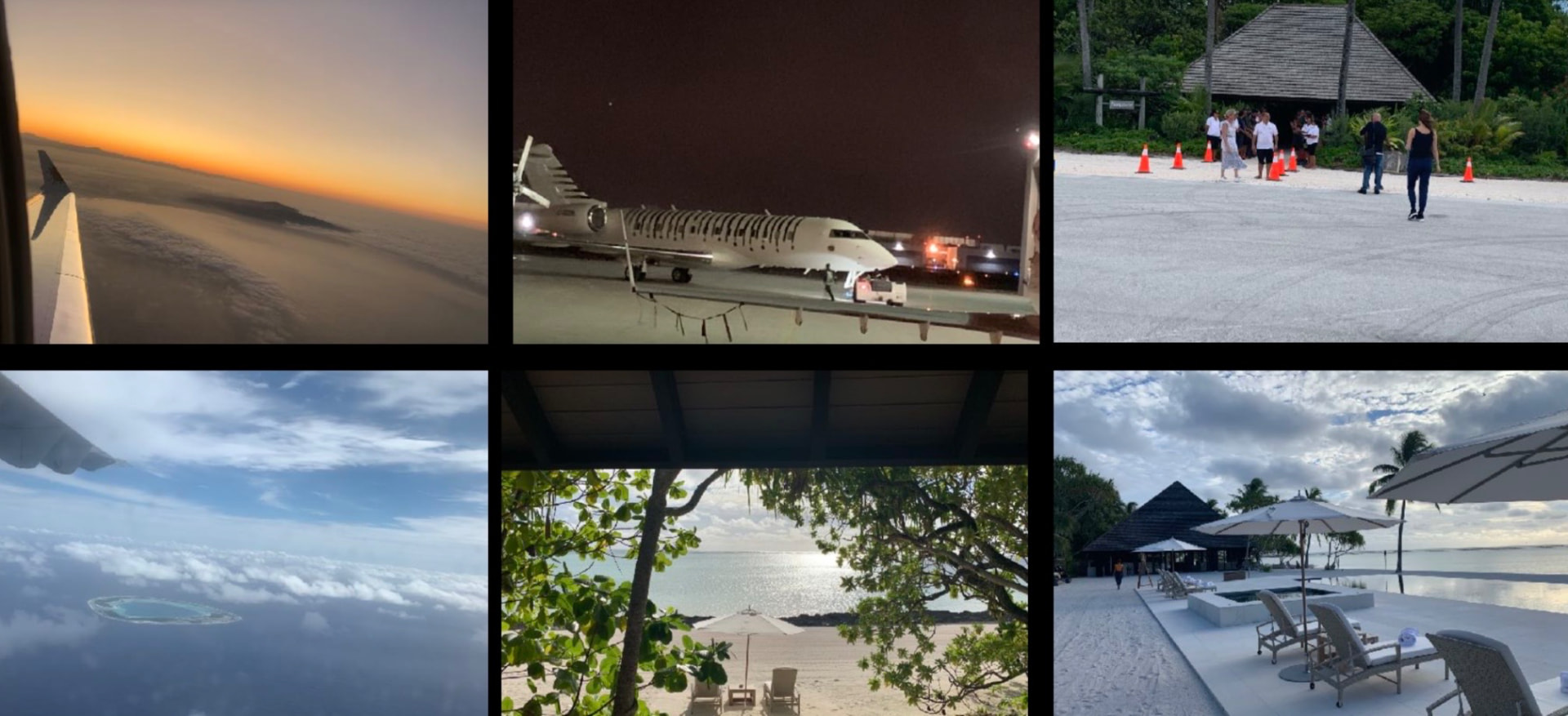 Private-island arrival by jet and seaplane, atolls at first light