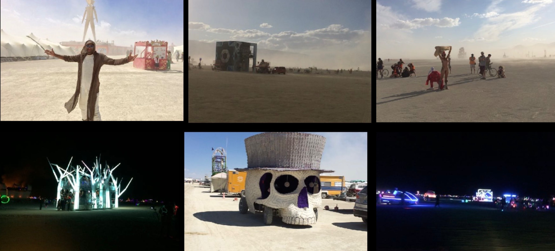 Black Rock City, the playa by day and the illuminated structures after dark