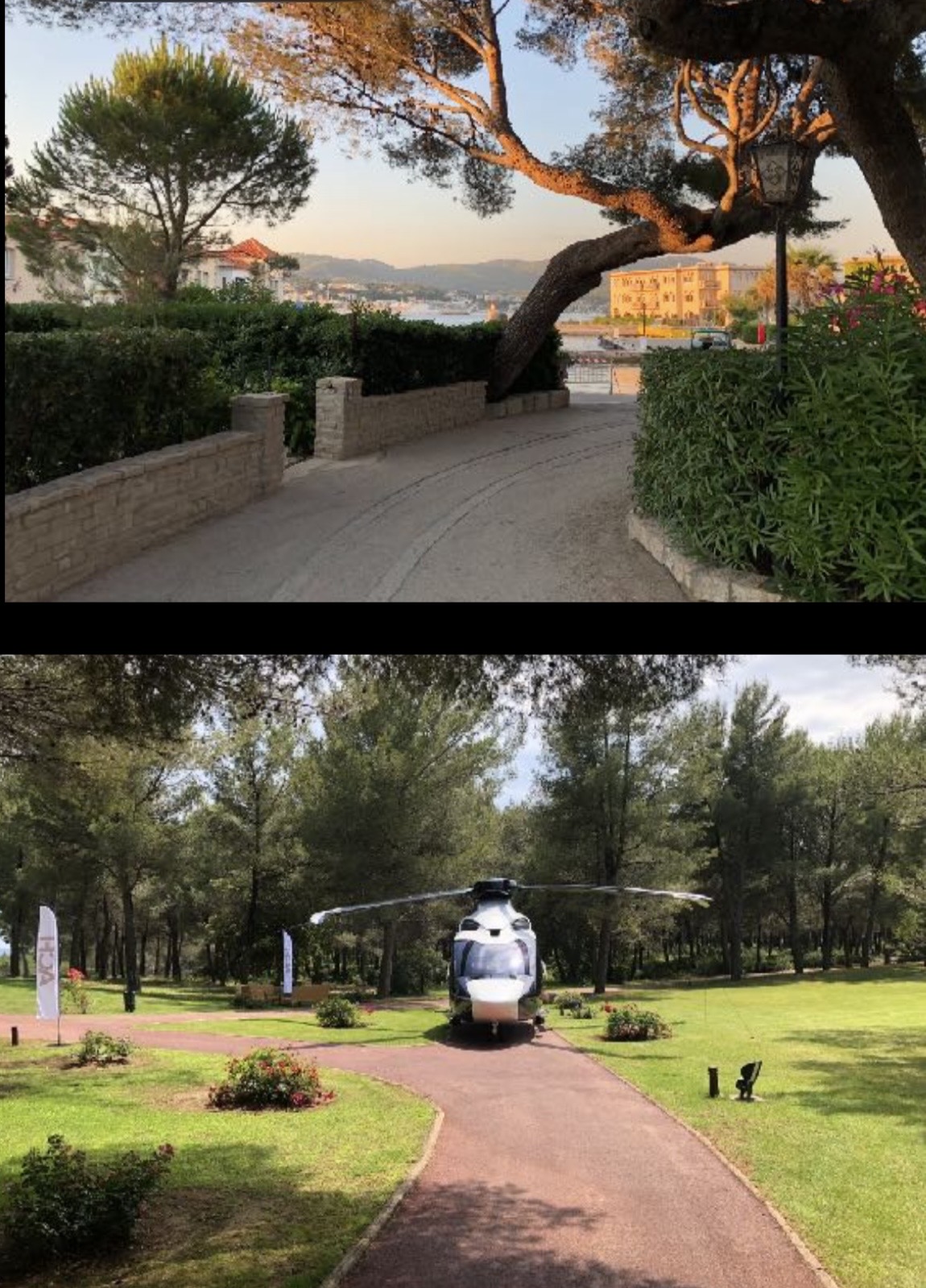 Riviera hotel arrival, the drive at golden hour and the helicopter set down on the lawn